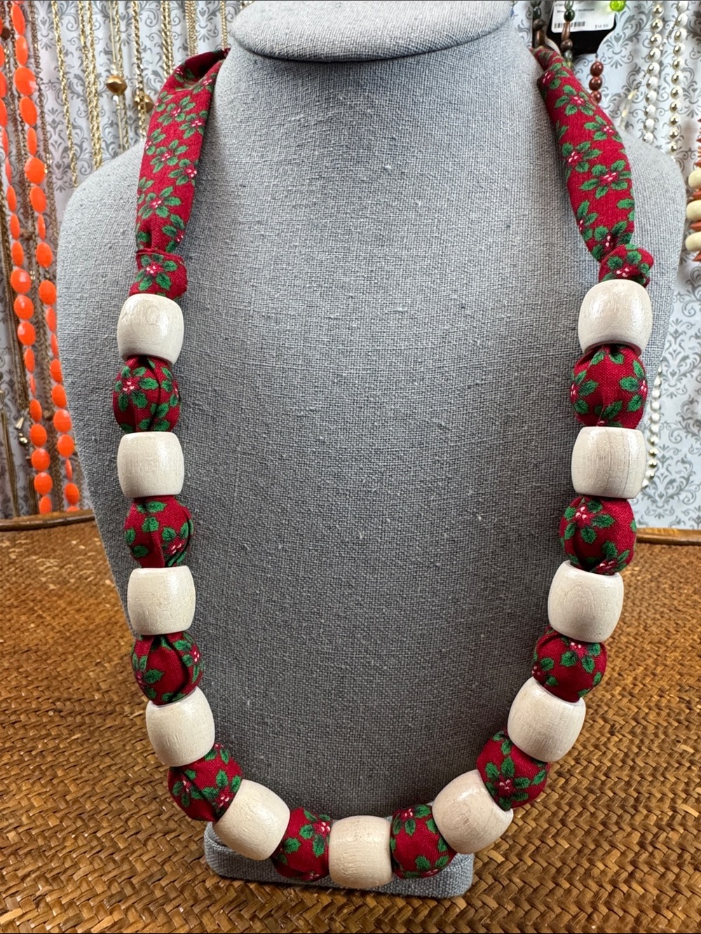 Handmade Red and Green Holly Floral Fabric Necklace with White Beads, Holiday